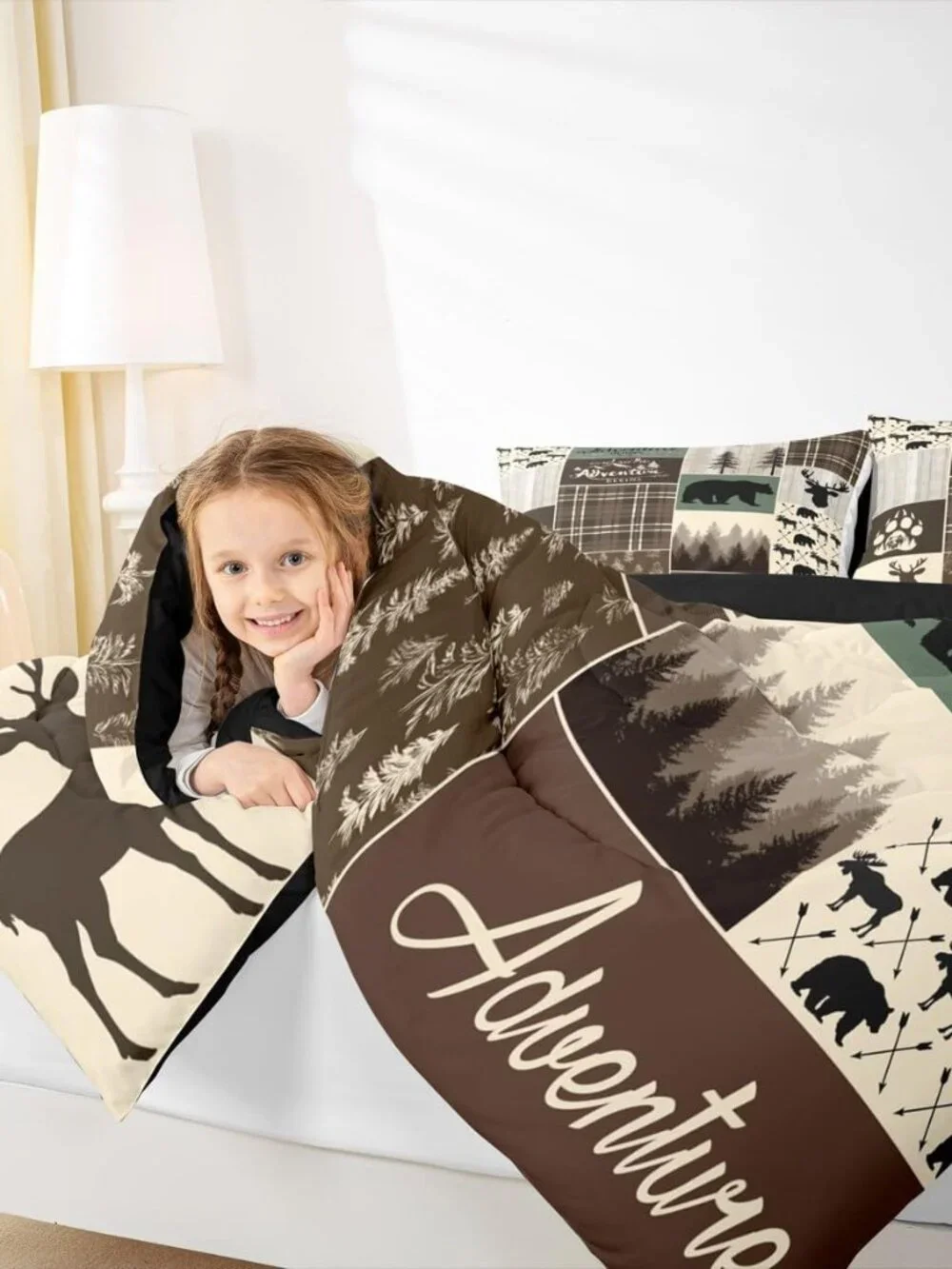 Rustic Patchwork King Bed Comforter Set, Hunting Deer Bear Bedding Retro Cabin L